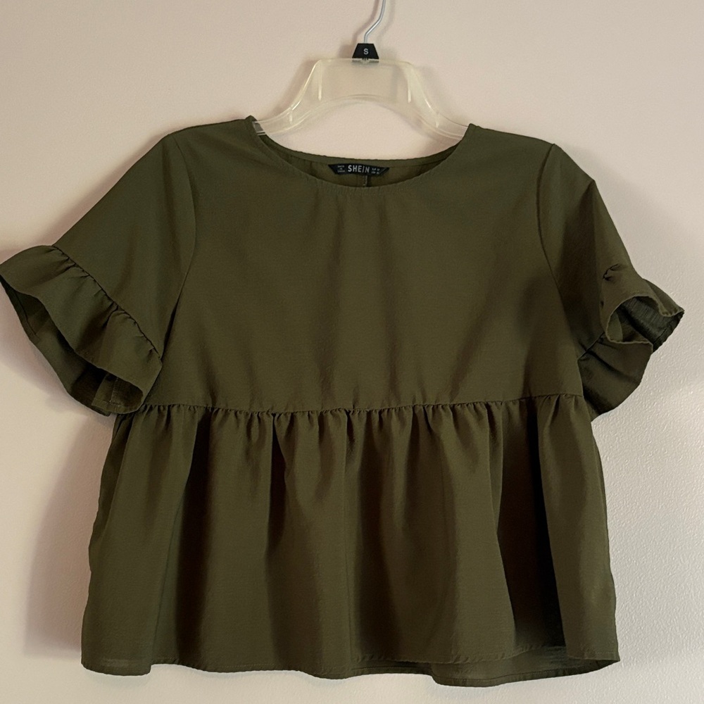 SHEIN Dark Olive Ruffle Sleeve Blouse